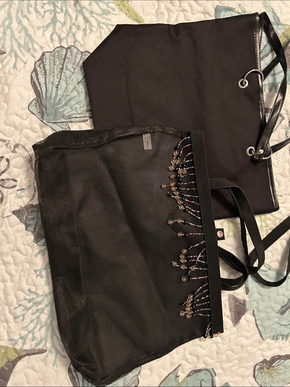 Black Beaded Tote & Solid Black Tote Pair